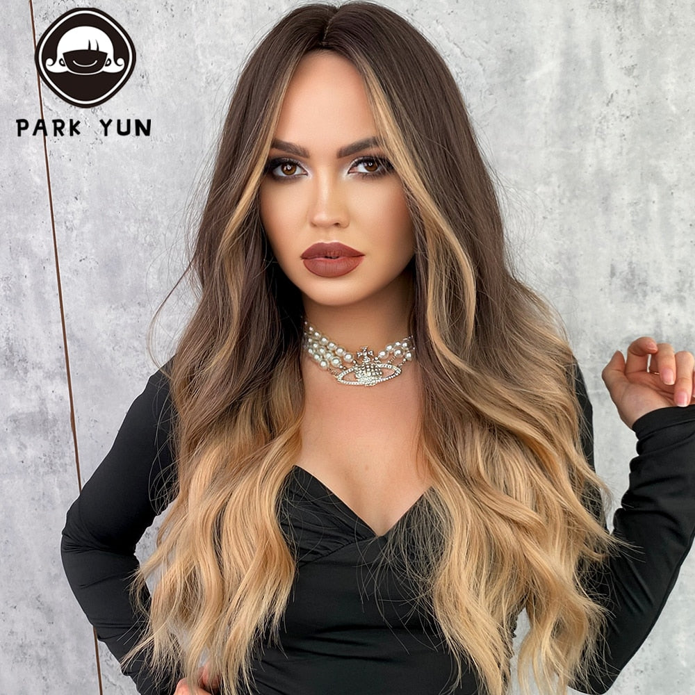 Ombre Brown Blonde Long Curly Wig Women Wigs Daily Use Cosplay Party Synthetic Wigs Heat Resistant Fiber Natural Fake Hair