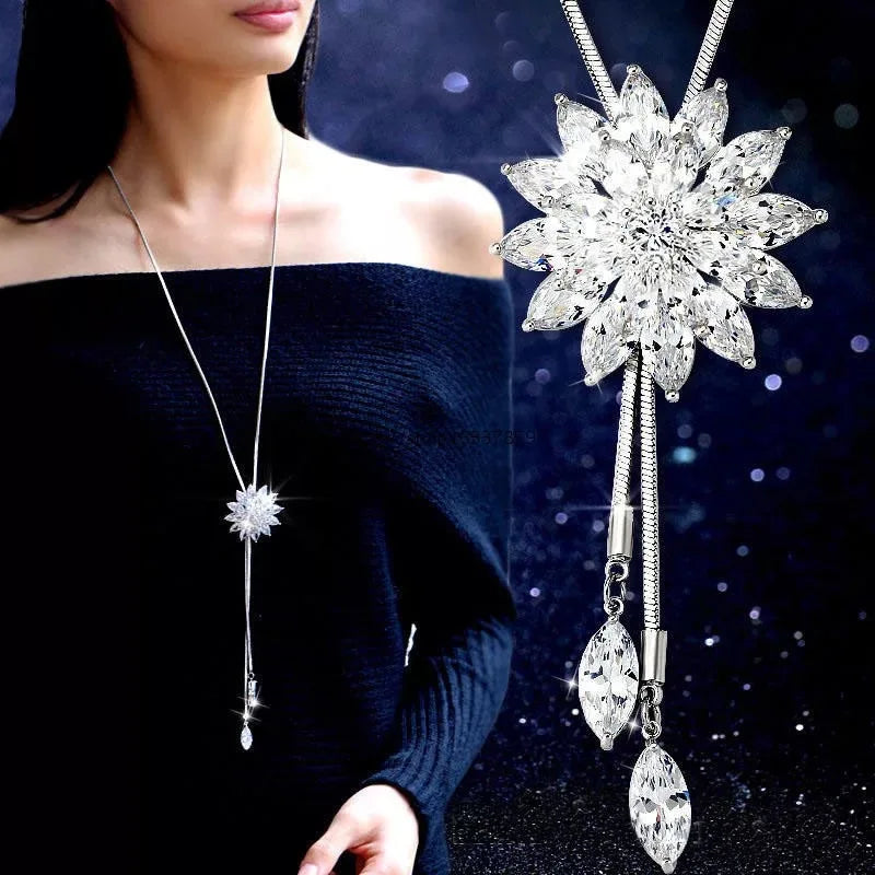 Fashion Black Rose Flower Long Necklace Sweater Chain Metal Crystal Pendant Necklaces Adjusted