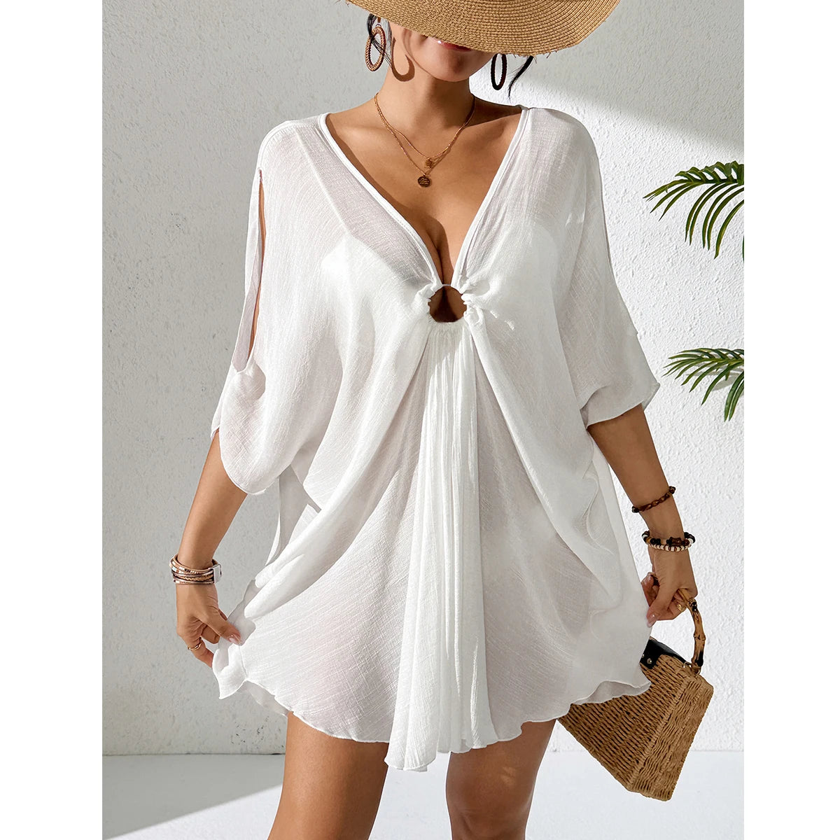Pure Color V-Neck Lightweight Transparent Loose Dress, Beach Style Casual Comfort Sun Protection Cover Up, Fashion Beachwear