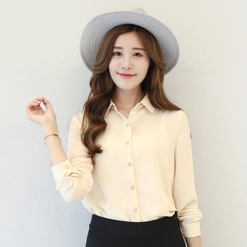 2025 Autumn Women's Solid Color Lapel Long Sleeve Chiffon Shirts Simple Casual Loose Woman Blouse and Tops Office Lady Clothes
