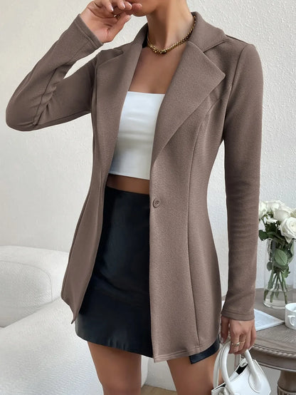 Women's Autumn Suit Jacket Long Sleeve Button Flip Buttons Lapel Slim Khaki Out Casual Simple Style