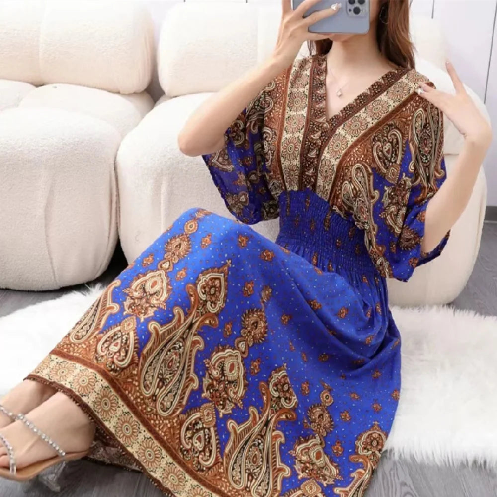 Elegant Vintage Women's Midi Dress V-Neck Retro Print Dress High Street Office Lady's Dress Short Sleeve A-Line Dress Boho Chic