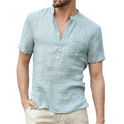 Summer Fashion Cotton Linen Casual T-Shirts Casual Male Short Sleeve V-Collar Breathable Men's Tee Button-up T S-5XL