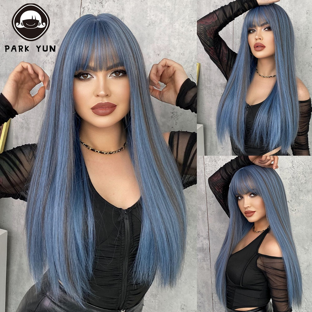 Mermaid Blue Long Straight Wig Women Wig with Bangs Cosplay Party Daily Use Heat Resistant Synthetic Fiber Natural Fake Wig