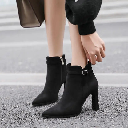 Short Shoes for Woman Suede Women's Ankle Boots Very High Heels Booties Pointed Toe Footwear Heeled Black on Offer Free Shipping