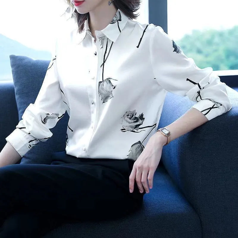 Woman Spring Autumn Style Blouses Shirts Lady Casual Long Sleeve Turn-down Collar Flower Printed Blusas Tops DF4851