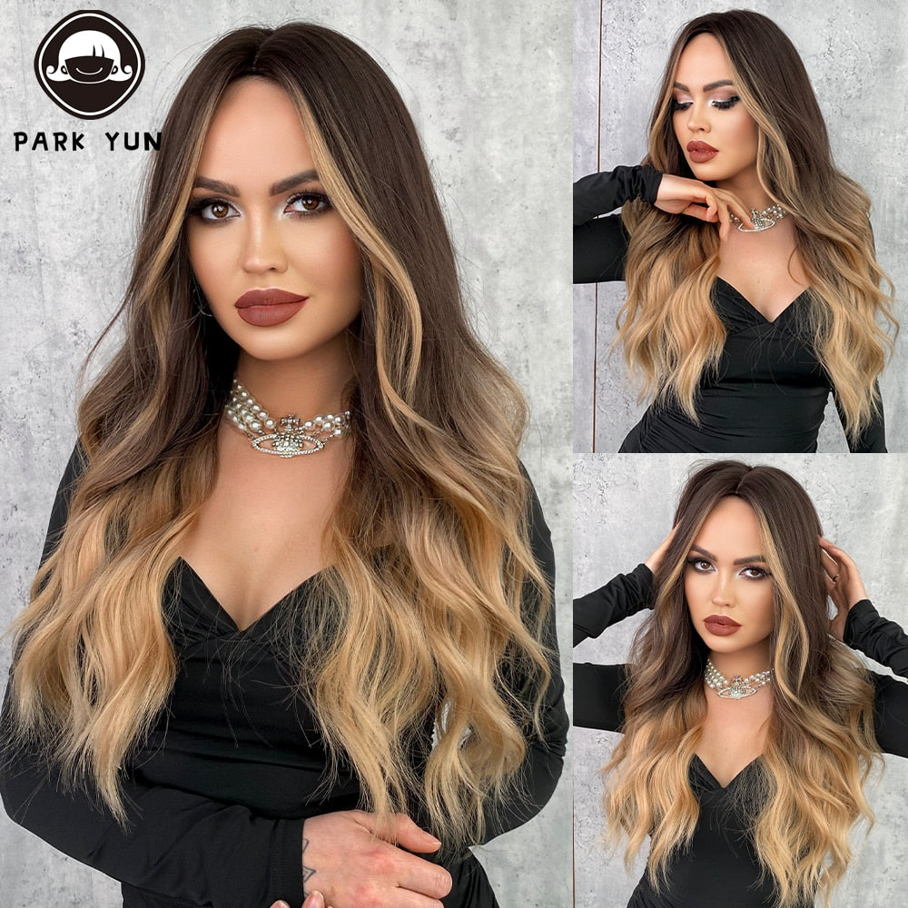 Ombre Brown Blonde Long Curly Wig Women Wigs Daily Use Cosplay Party Synthetic Wigs Heat Resistant Fiber Natural Fake Hair