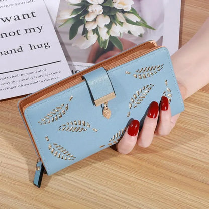 Women Wallet PU Leather Purse Female Long Wallet Gold Hollow Leaves Pouch Handbag For Women Coin Purse Card Holders Clutch