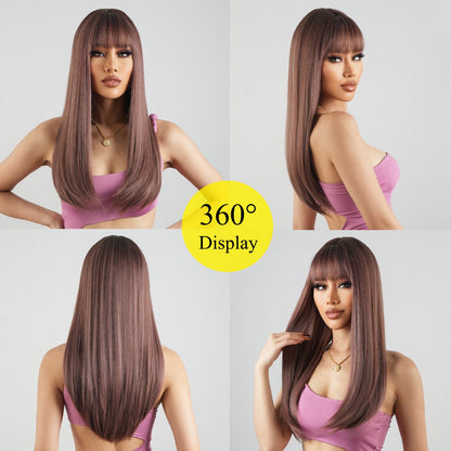 Pink Light Purple Cosplay Synthetic Long Straight Wigs Brown Fake Hairs Wig with Full Bangs for Women Daily Party Heat Resistant