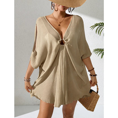 Pure Color V-Neck Lightweight Transparent Loose Dress, Beach Style Casual Comfort Sun Protection Cover Up, Fashion Beachwear