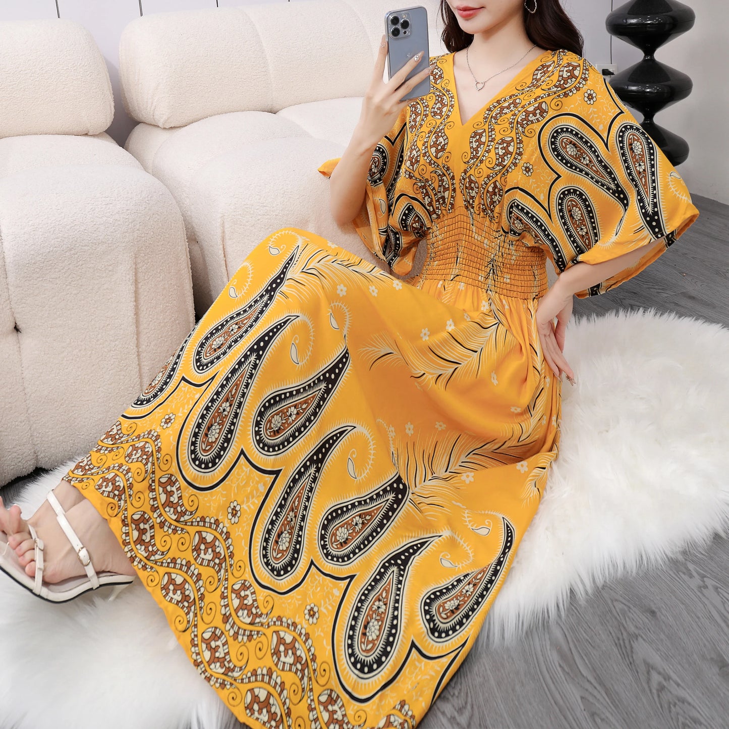 Elegant Vintage Women's Midi Dress V-Neck Retro Print Dress High Street Office Lady's Dress Short Sleeve A-Line Dress Boho Chic