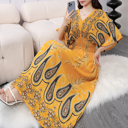 Elegant Vintage Women's Midi Dress V-Neck Retro Print Dress High Street Office Lady's Dress Short Sleeve A-Line Dress Boho Chic