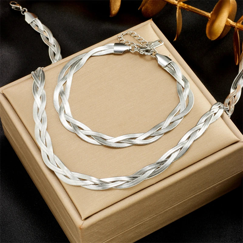 DIEYURO 316L Stainless Steel 3in1 Crossover Snake Chain Necklace Bracelets For Women Girl New Fashion Waterproof Jewelry Set