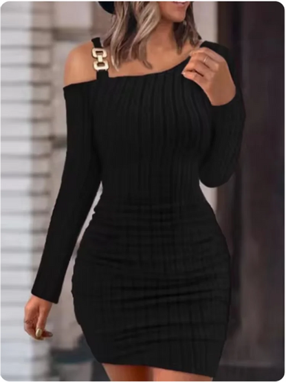 Women's Sexy Slant Neck Dresses Metal Sheet Long Sleeved Off Shoulder Dress Fashion Autumn Dress