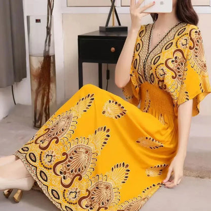 Elegant Vintage Women's Midi Dress V-Neck Retro Print Dress High Street Office Lady's Dress Short Sleeve A-Line Dress Boho Chic
