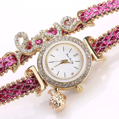 hot sale fashion love style rhinestone wrap leather women wrist watch