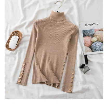 Thick Sweater Pullovers Long Sleeve Tops Women Autumn Winter Clothes Slim Knit Soft Jumper Streetwear Button Turtleneck Sweater