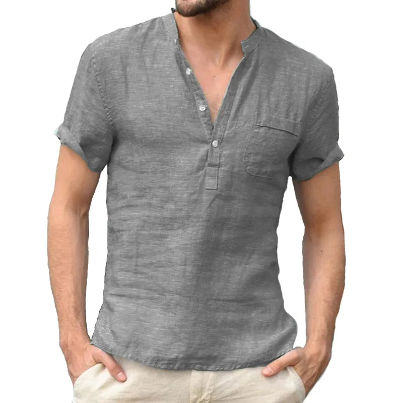 Summer Fashion Cotton Linen Casual T-Shirts Casual Male Short Sleeve V-Collar Breathable Men's Tee Button-up T S-5XL