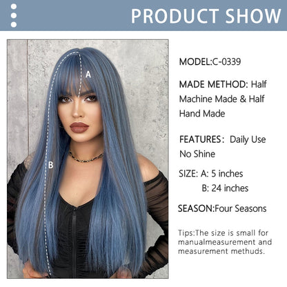 Mermaid Blue Long Straight Wig Women Wig with Bangs Cosplay Party Daily Use Heat Resistant Synthetic Fiber Natural Fake Wig