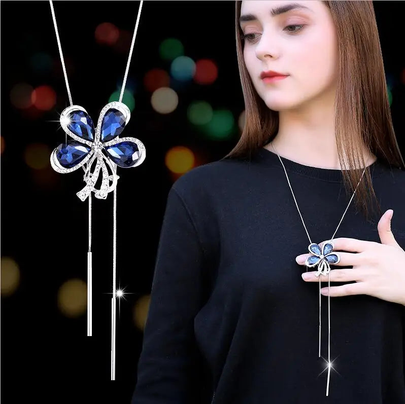 Fashion Black Rose Flower Long Necklace Sweater Chain Metal Crystal Pendant Necklaces Adjusted