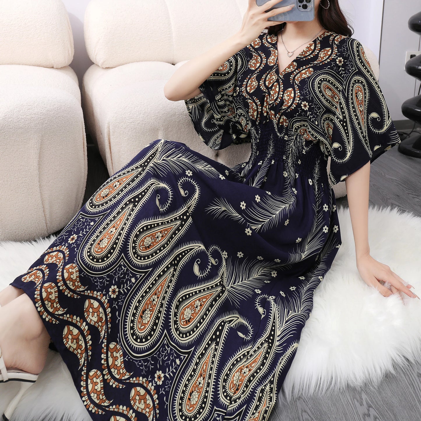 Elegant Vintage Women's Midi Dress V-Neck Retro Print Dress High Street Office Lady's Dress Short Sleeve A-Line Dress Boho Chic