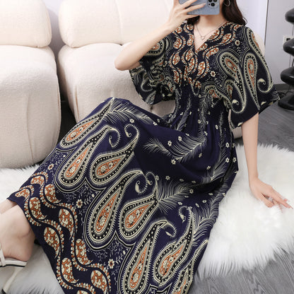 Elegant Vintage Women's Midi Dress V-Neck Retro Print Dress High Street Office Lady's Dress Short Sleeve A-Line Dress Boho Chic