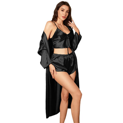 3PCS Sexy Women Pajamas Ladies Nightgowns Satin Robes Nightdress Sling and Short Women Robe