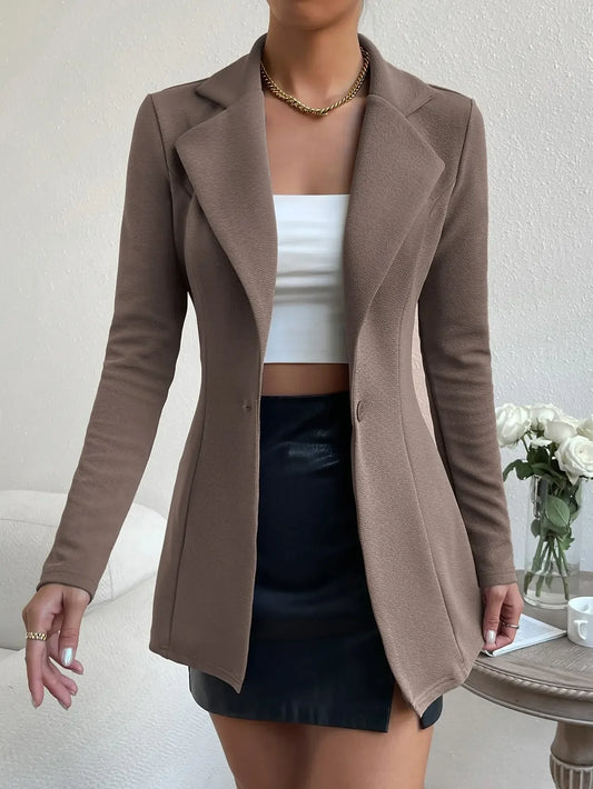 Women's Autumn Suit Jacket Long Sleeve Button Flip Buttons Lapel Slim Khaki Out Casual Simple Style