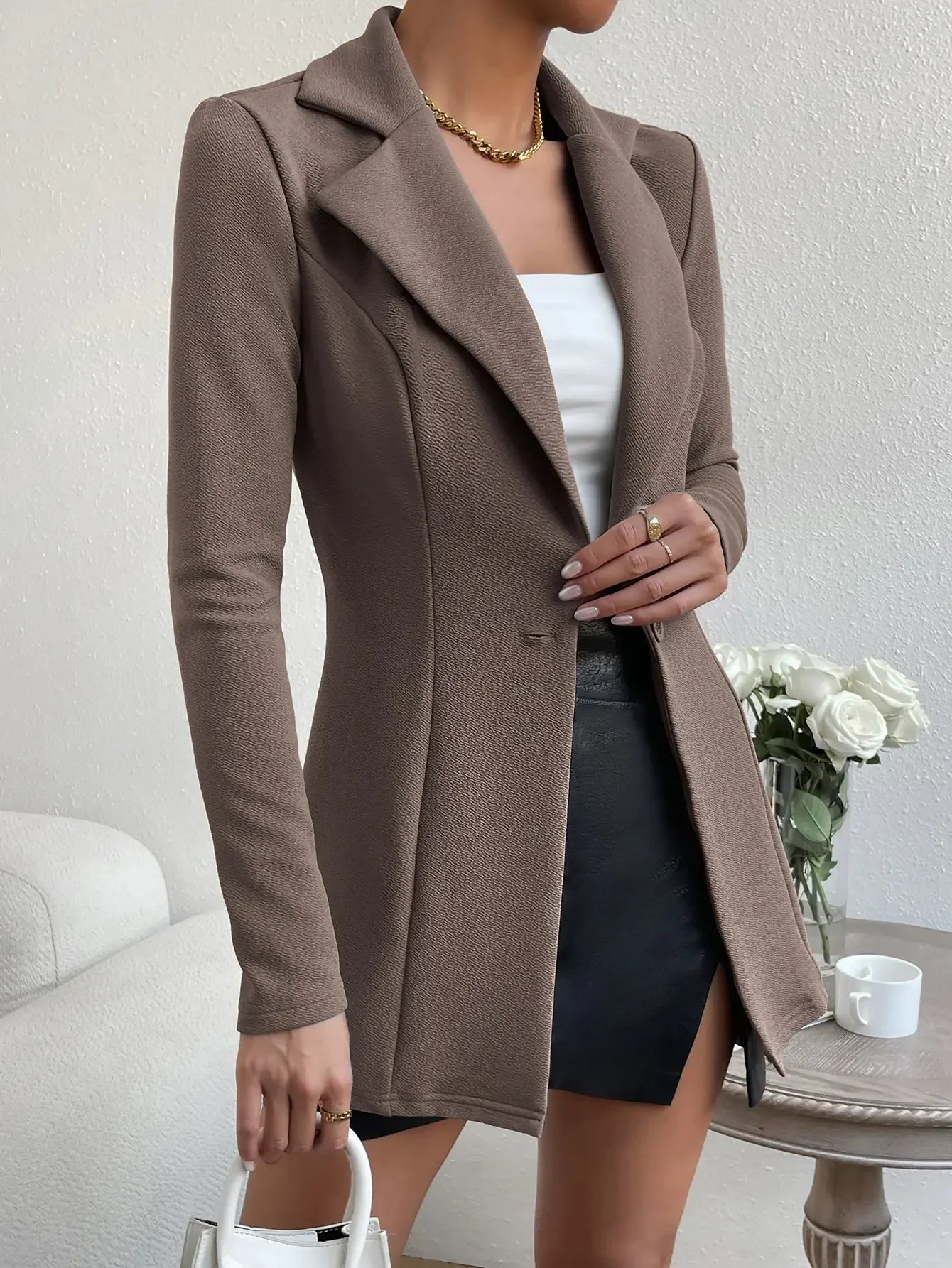 Women's Autumn Suit Jacket Long Sleeve Button Flip Buttons Lapel Slim Khaki Out Casual Simple Style