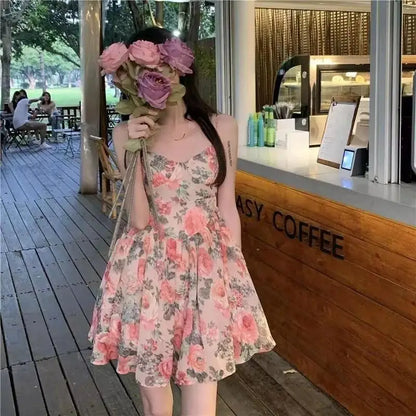 Elegant High-waisted Slimming Floral Tank Dress For Women Spring Summer French Style Petite Mini Dress A- line Sleeveless