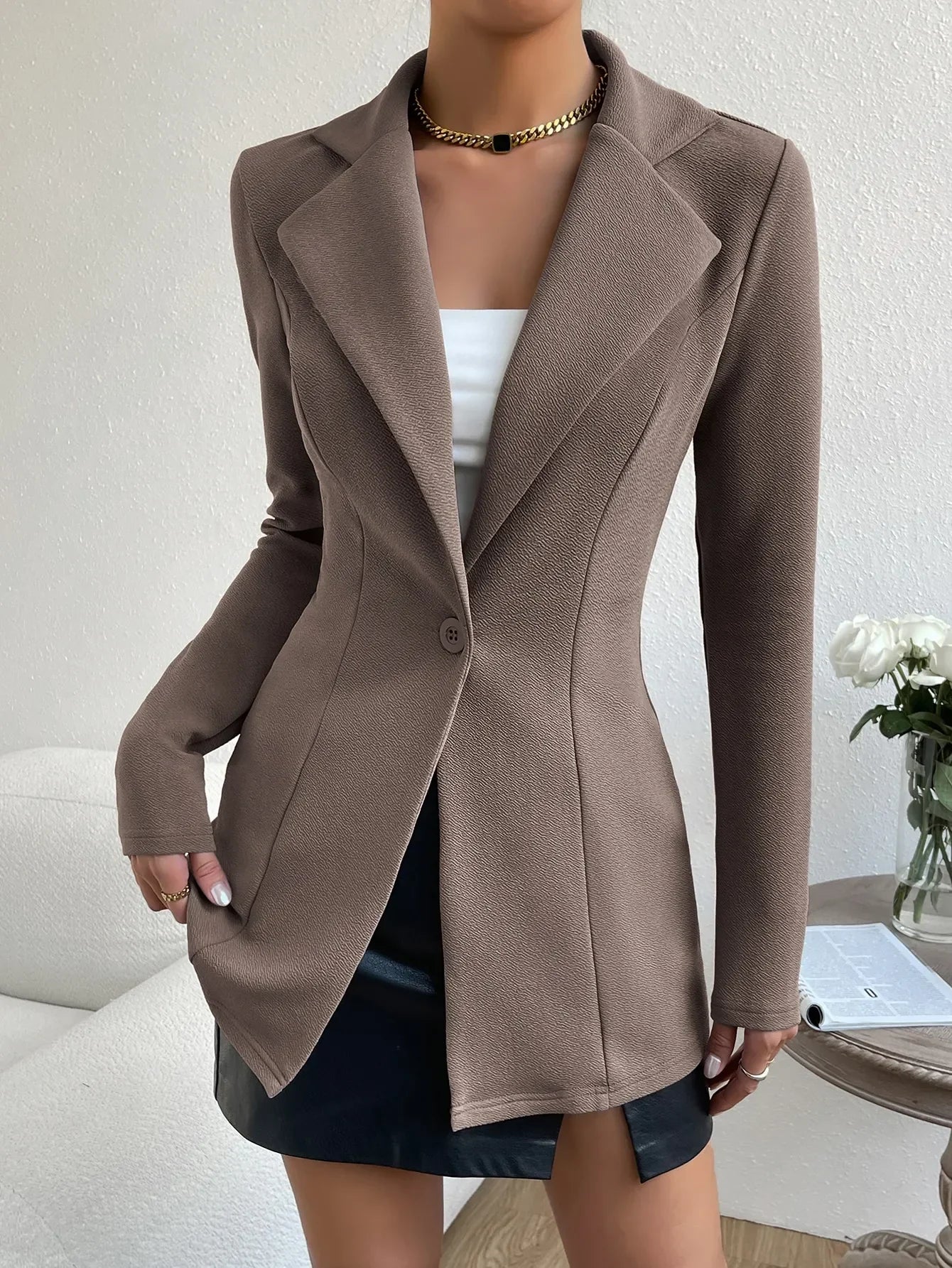 Women's Autumn Suit Jacket Long Sleeve Button Flip Buttons Lapel Slim Khaki Out Casual Simple Style