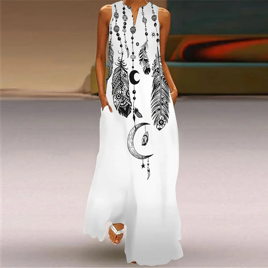 Women'S Loose Dress Summer Casual Feather Print Dress Women'S Plus-Size V-Neck Sleeveless Dress Fashion Elegant Evening Dress