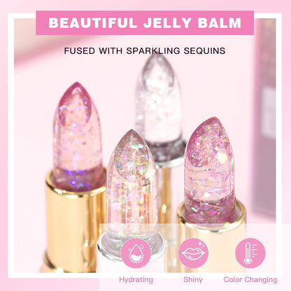 QIBEST Glitter Lipstick Lip Balm Color Change Transparent Moisturizing Crystal Jelly Pearlescent Lip Plumper Gloss Tint Cosmetic