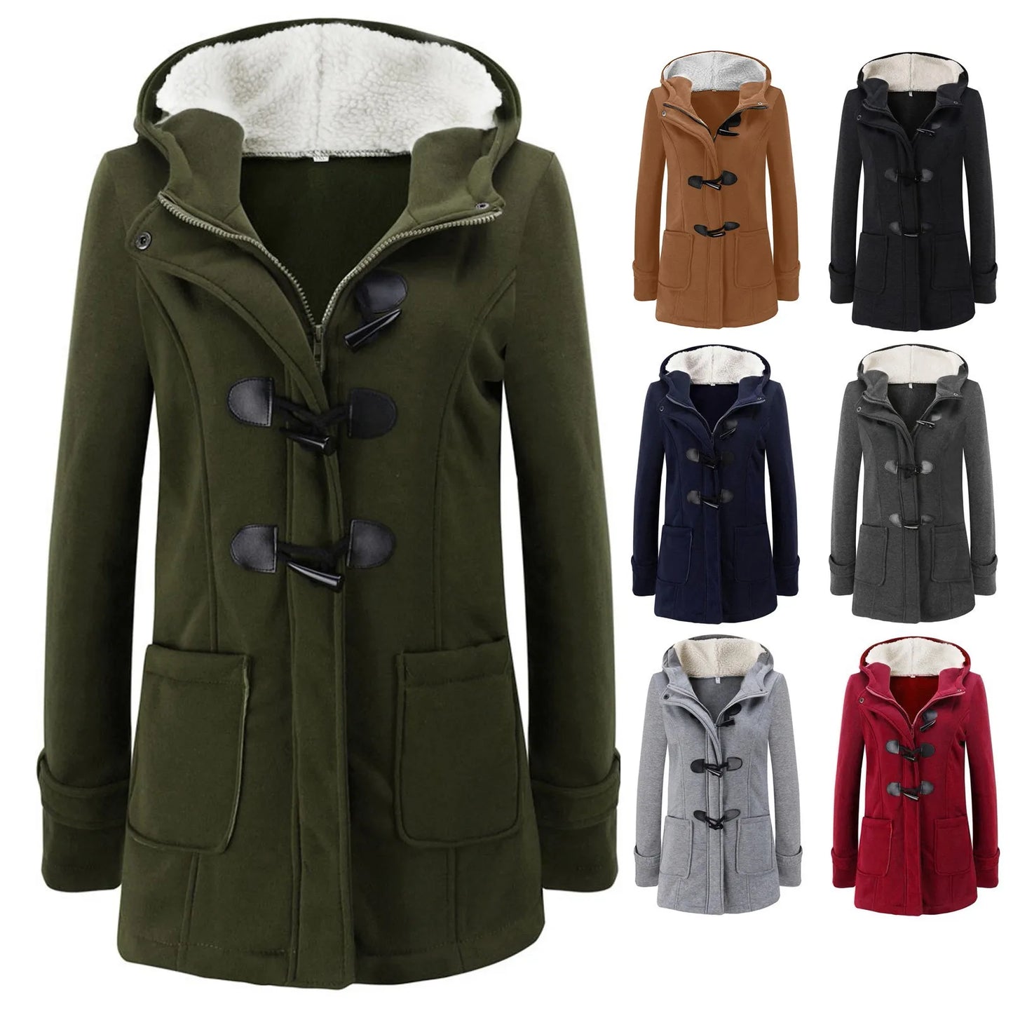 Women Warm Long Sleeve Pullover Blouse Hooded Jacket Coat Horn-buckle Hooded New Mid Length Outerwear  with Large Size