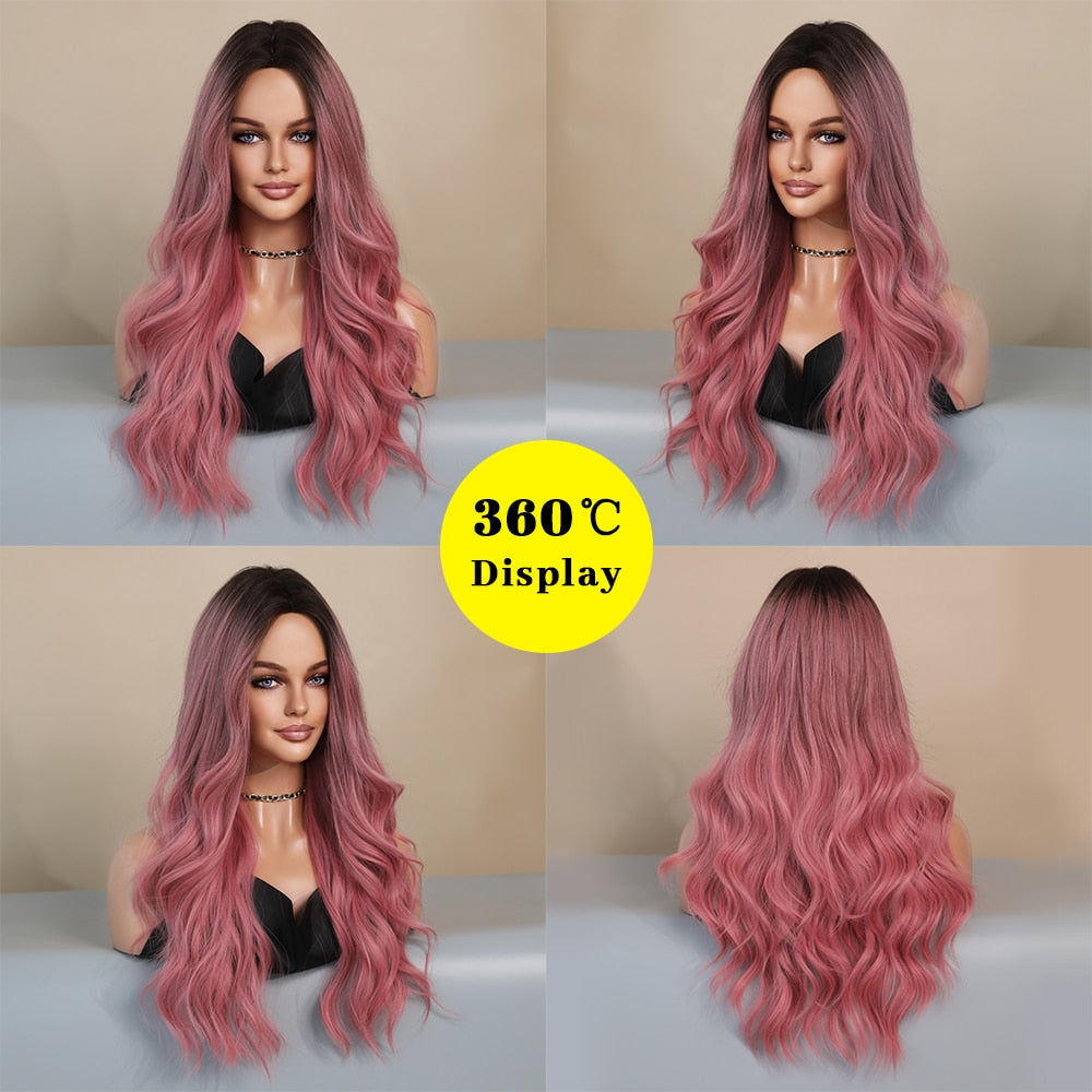 Pink Red Long Wave Women Wig with Bangs Top Brown Heat Resistant Synthetic Wig Party Daily Use Female Hair Cosplay Mermaid Wig