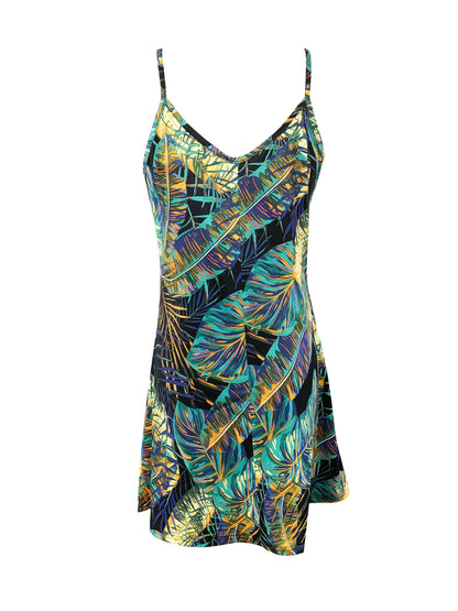 Tropical Printed Women's Summer Spaghetti Strap Dress For Spring&Summer, Fashion Vacation Beach Dress