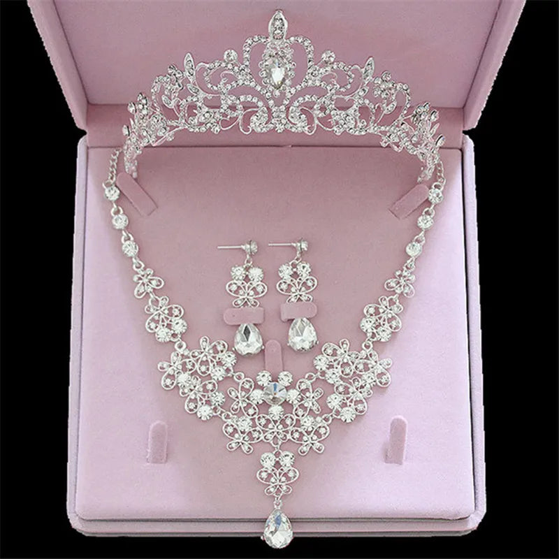 Itacazzo Bridal Jewelry Sets Crown Necklace Earrings Four Pack Silver Colour Women's Fashion Wedding Tiaras(excluding boxes)