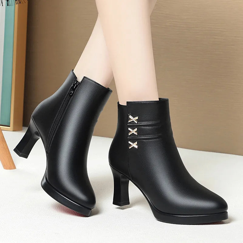 Elegant Office Ladies Soft Leather Boots with fur Fall Winter Block High Heels Ankle Boots Plush for Mom Daily