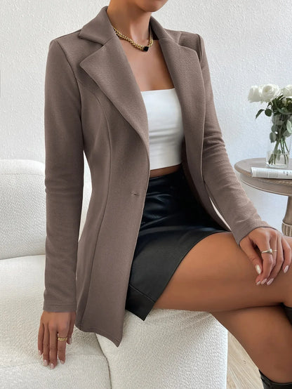 Women's Autumn Suit Jacket Long Sleeve Button Flip Buttons Lapel Slim Khaki Out Casual Simple Style