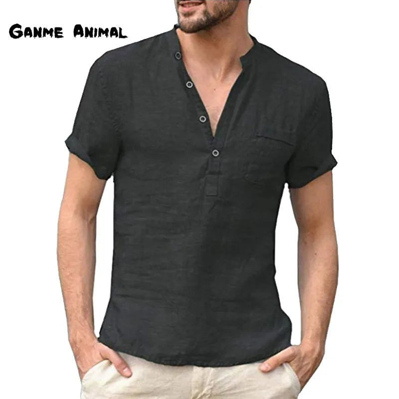 Summer Fashion Cotton Linen Casual T-Shirts Casual Male Short Sleeve V-Collar Breathable Men's Tee Button-up T S-5XL