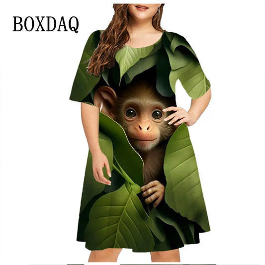 Plant Flowers Green Leaf Funny Monkey Dress Women Plus Size Summer Dresses Casual Short Sleeve O-Neck 3D Print Loose Dress