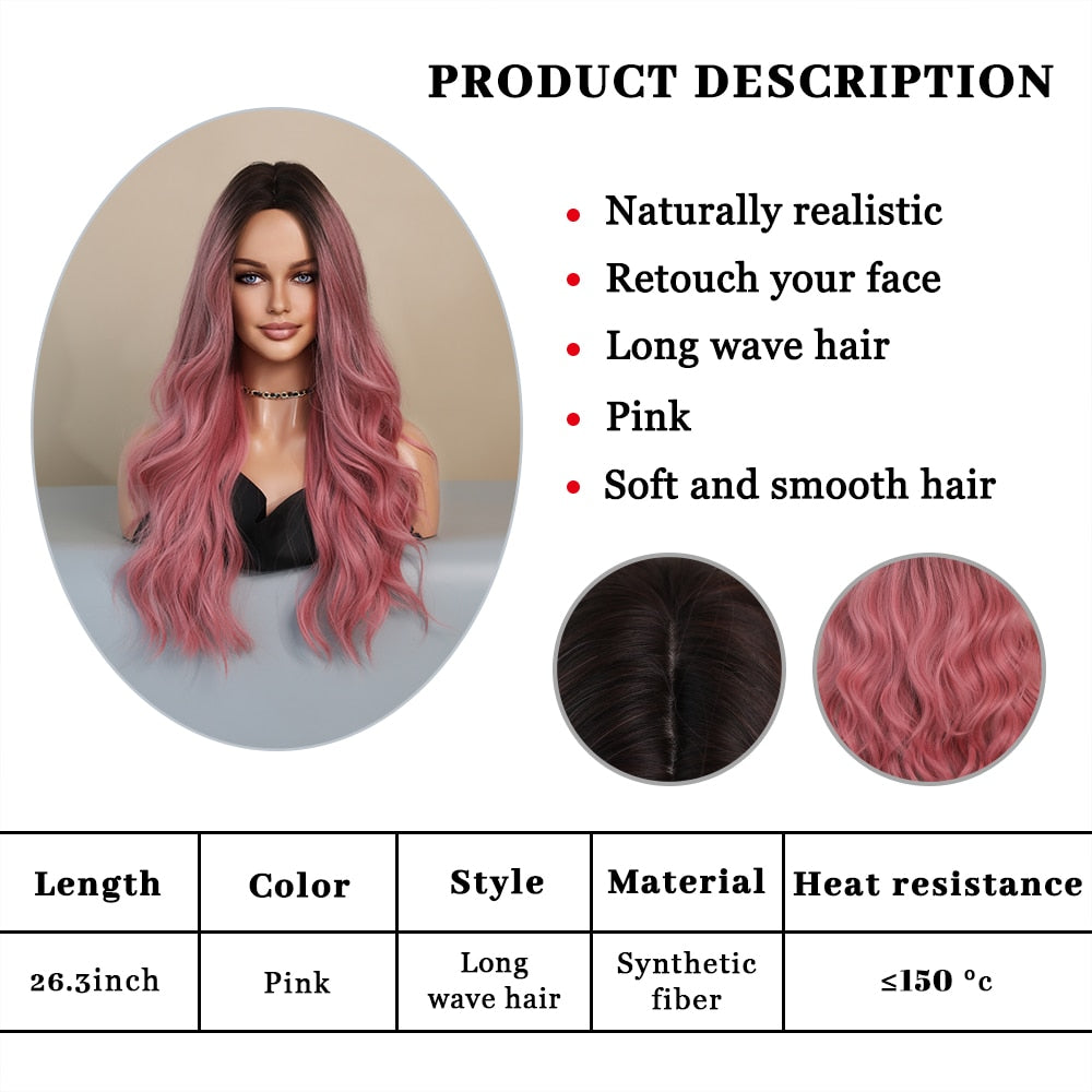 Pink Red Long Wave Women Wig with Bangs Top Brown Heat Resistant Synthetic Wig Party Daily Use Female Hair Cosplay Mermaid Wig