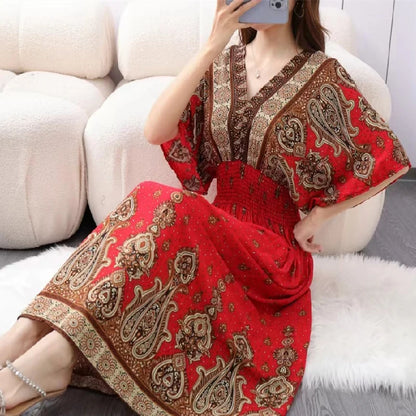 Elegant Vintage Women's Midi Dress V-Neck Retro Print Dress High Street Office Lady's Dress Short Sleeve A-Line Dress Boho Chic