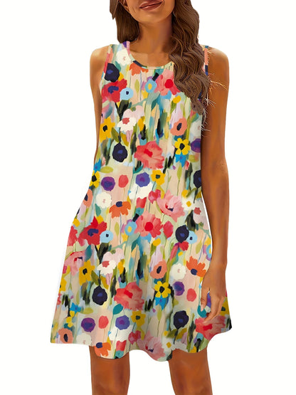 Women's Sleeveless Round Neck Colorful Watercolor Floral Print Flowy Mini Dress, Casual Summer