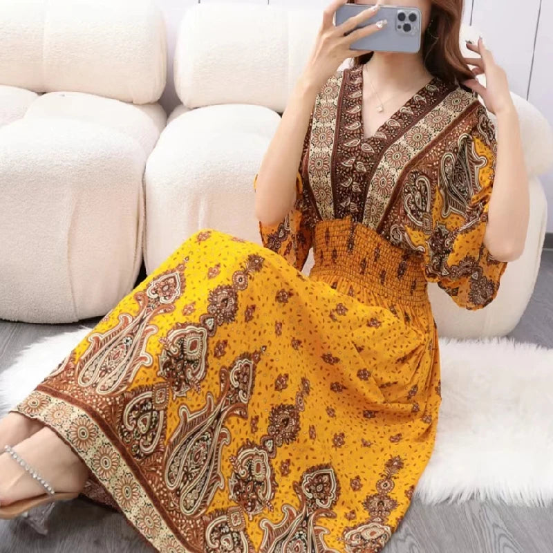 Elegant Vintage Women's Midi Dress V-Neck Retro Print Dress High Street Office Lady's Dress Short Sleeve A-Line Dress Boho Chic