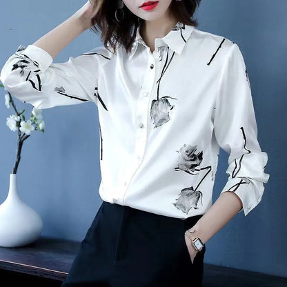 Woman Spring Autumn Style Blouses Shirts Lady Casual Long Sleeve Turn-down Collar Flower Printed Blusas Tops DF4851