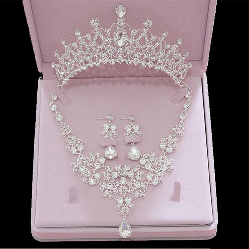 Itacazzo Bridal Jewelry Sets Crown Necklace Earrings Four Pack Silver Colour Women's Fashion Wedding Tiaras(excluding boxes)