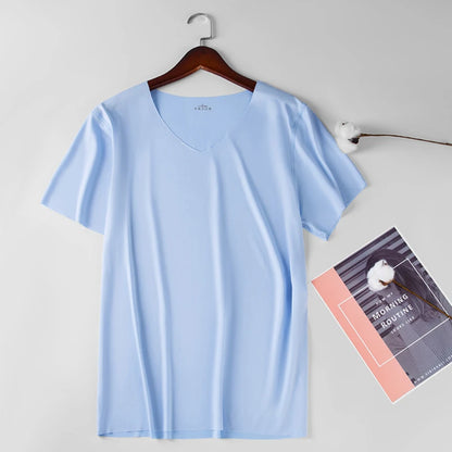 2025 Men's Thin Short Sleeve Ice Silk Without Summer Solid Color T Shirt Trace Slim V-neck Bottoming Seamless Short Sleeve