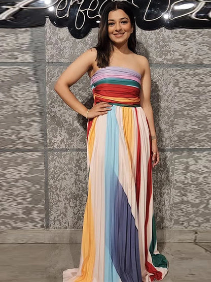 Women's Strapless Long Dresses Sleeveless Backless A-Line Dress Rainbow Stripe Color Folds Clothes High Waist Big Skirt Hem Max