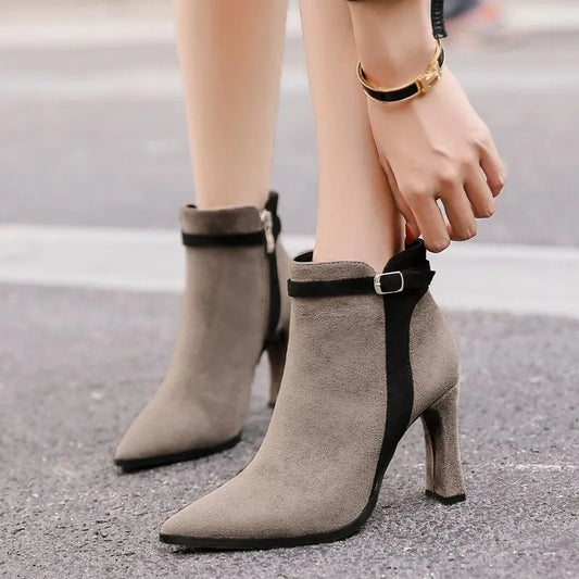 Short Shoes for Woman Suede Women's Ankle Boots Very High Heels Booties Pointed Toe Footwear Heeled Black on Offer Free Shipping